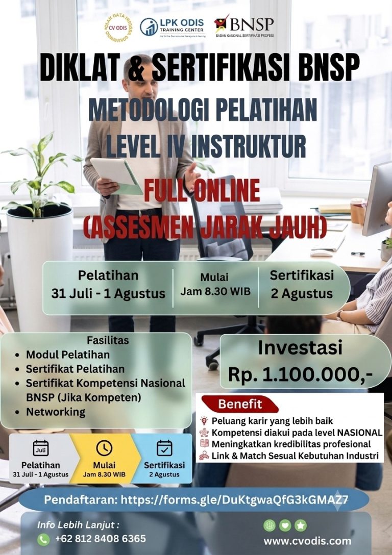 OPEN REGISTRATION: DIKLAT & SERTIFIKASI BNSP METODOLOGI PELATIHAN LEVEL IV INSTRUKTUR (FULL ONLINE / ASSESMEN JARAK JAUH)